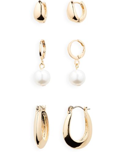 BP. Set Of 3 Imitation Pearl Hoop Earrings - White