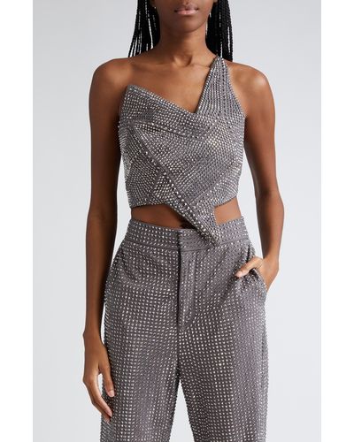 Area Star Asymmetric Crystal Embellished Crop Top - Gray