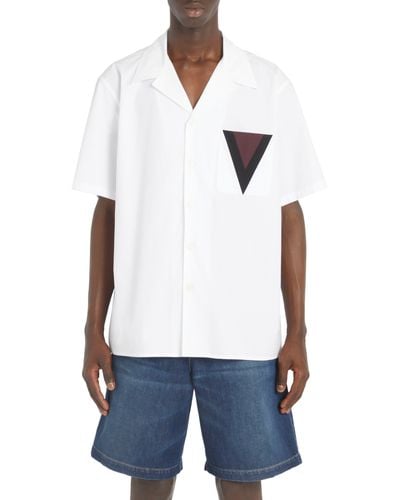 Valentino Logo Patch Cotton Poplin Camp Shirt - White