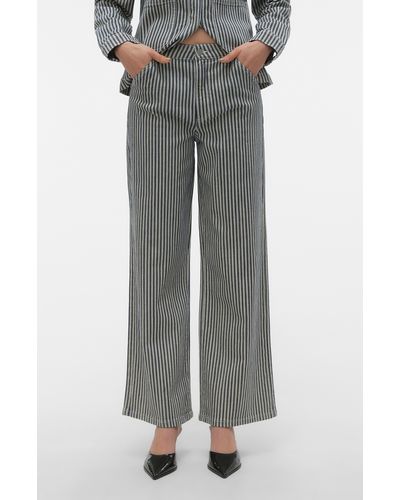 Vero Moda Kathy Stripe High Waist Wide Leg Jeans - Gray