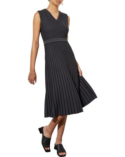 Ming Wang Stripe Sleeveless Midi Sweater Dress - Black