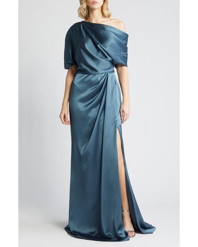 Amsale Gathered One-shoulder Satin Gown - Blue