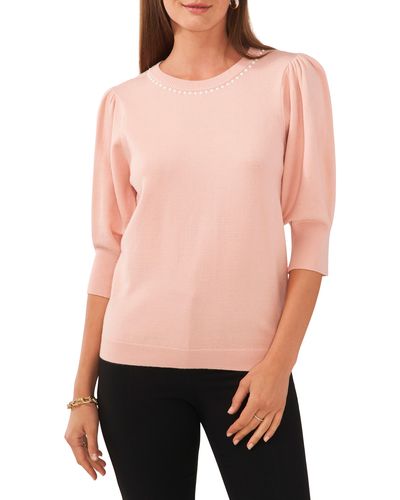 Chaus Beaded Collar Puff Sleeve Sweater - Pink