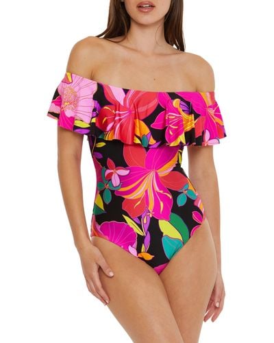 Trina Turk Solar Floral Ruffle Off The Shoulder One-piece Swimsuit - Red