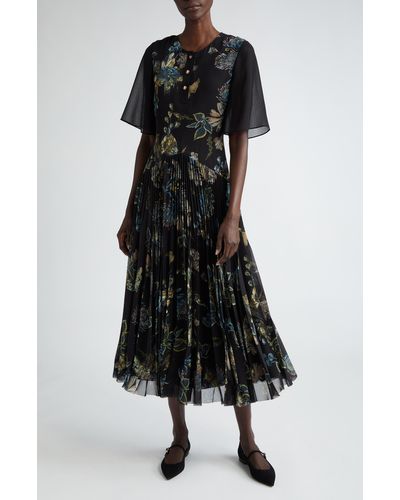 Jason Wu Floral Forest Pleated Drop Waist Midi Dress - Black