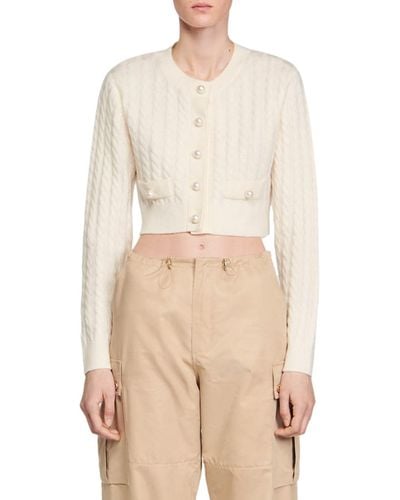 Sandro Elina Cable Stitch Wool Blend Crop Cardigan - Natural
