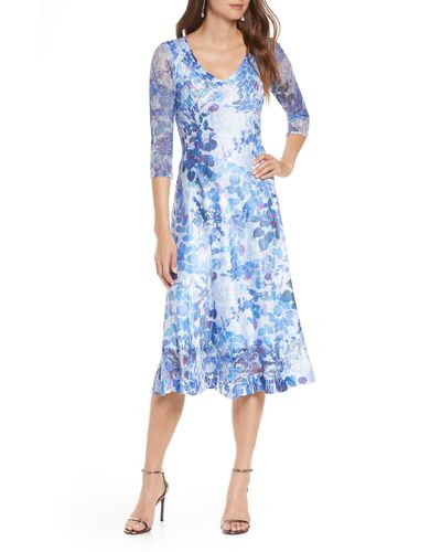 Komarov Floral Print Charmeuse & Chiffon Dress - Blue