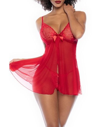 MAPALE Lace & Mesh Babydoll & G-string - Red
