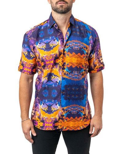 Maceoo Galileo Earthlion 94 Multi Contemporary Fit Short Sleeve Button-up Shirt - Blue