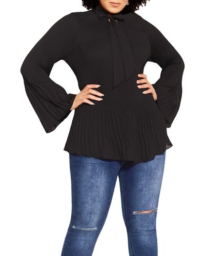 City Chic Forbidden Pleated Bell Sleeve Blouse - Black