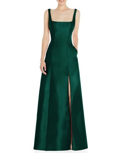 Alfred Sung Square Neck Satin A-line Gown - Green