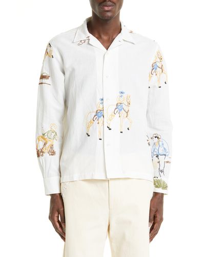 Bode Boxy Buckaroo Embroidered Long Sleeve Linen & Cotton Button-up Shirt - White