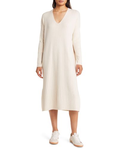 Caslon Caslon(r) Long Sleeve Rib Sweater Dress - Natural