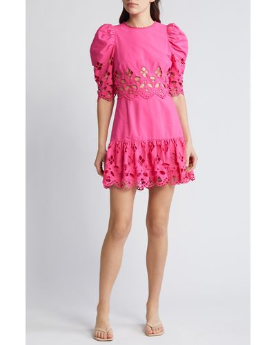 Saylor Auroette Eyelet Puff Sleeve Cotton Poplin Dress - Pink