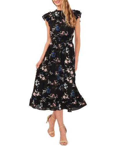 Cece Floral Print Smocked Waist Midi Dress - Black