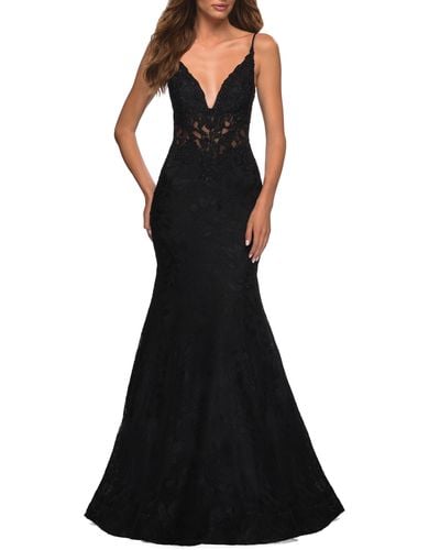 La Femme Lace Mermaid Gown - Black