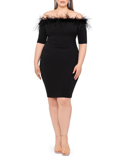 Xscape Feather Trim Off The Shoulder Cocktail Dress - Black