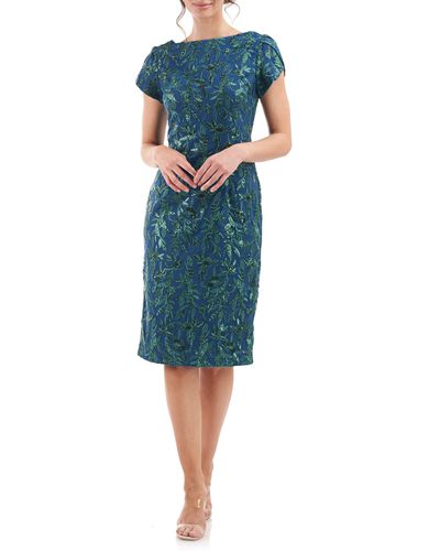 JS Collections Fiona Embroidered Floral Sheath Dress - Blue