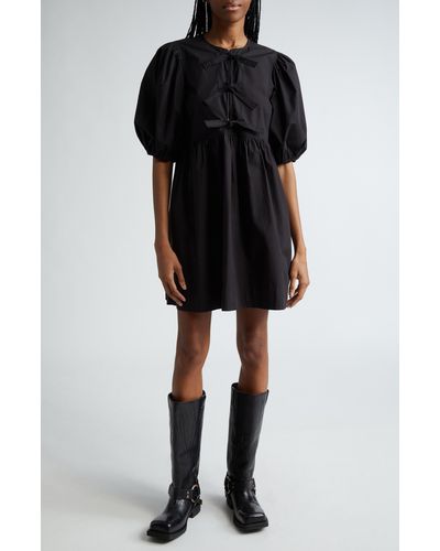 Ganni Tie Front Puff Sleeve Organic Cotton Poplin Minidress - Black