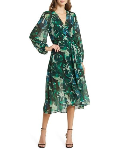 Sam Edelman Monstera Print Long Sleeve Midi Wrap Dress - Green