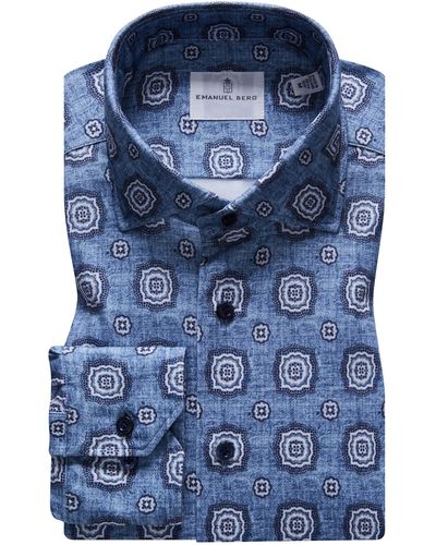 Emanuel Berg 4flex Modern Fit Print Knit Button-up Shirt - Blue