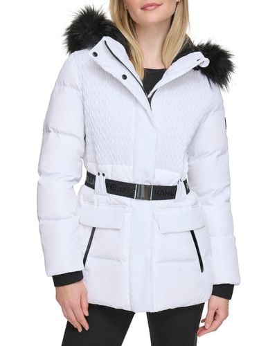 Karl Lagerfeld Smocked Belted Ski Puffer Jacket With Faux Fur Hood - White