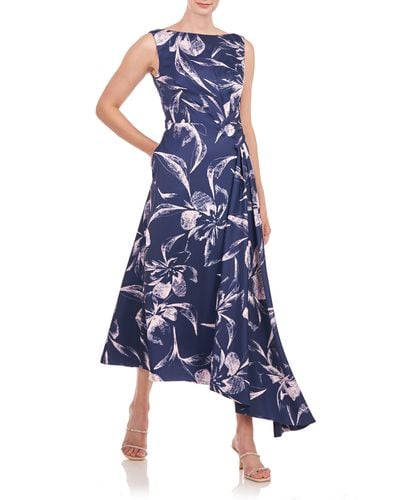 Kay Unger Emmaline Floral Asymmetric Hem Dress - Blue