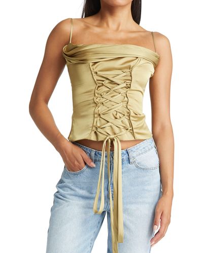House Of Cb Una Floral Cowl Neck Lace-up Corset Top in Brown