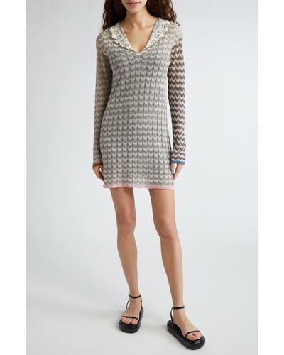 YANYAN Tong Chevron Knit Long Sleeve Linen Blend Mini Sweater Dress - Gray