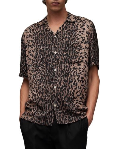 AllSaints Leoza Leopard Print Short Sleeve Button-up Camp Shirt - Black