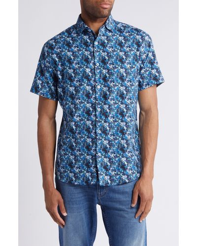 Stone Rose Floral Butterfly Print Short Sleeve Stretch Button-up Shirt - Blue