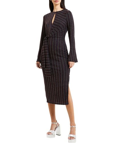 French Connection Paula Metallic Stripe Long Sleeve Midi Dress - Black