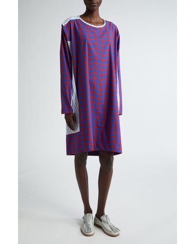 Dries Van Noten Daias Splice Print Long Sleeve Asymmetric Cotton Dress - Purple