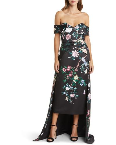 Marchesa Floral Off The Shoulder High-low Gown - Black