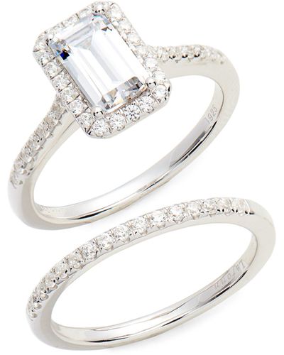 Lafonn Emerald Cut Halo Engagement Ring & Wedding Band Set - White