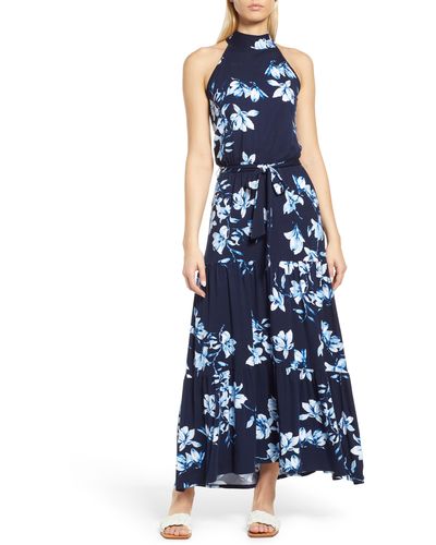 Loveappella Floral Halter Neck Knit Maxi Dress - Blue