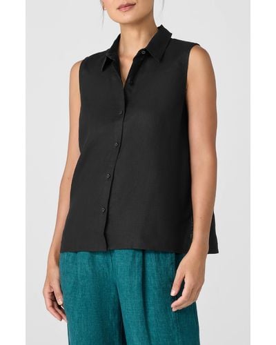 Eileen Fisher Classic Sleeveless Organic Linen Button-up Shirt - Black