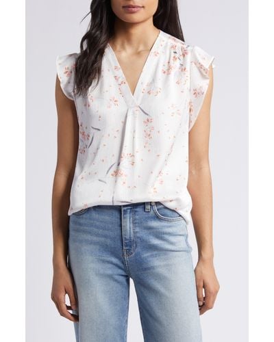 Vince Camuto Floral Ruffle Cap Sleeve Top - White