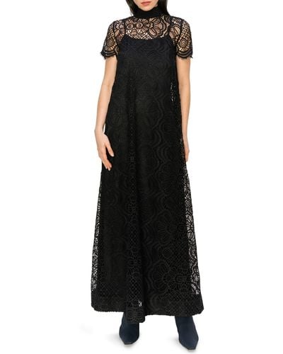 MELLODAY Mock Neck Lace Overlay Maxi Dress - Black