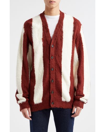 Beams Plus shaggy Stripe Cotton V-neck Cardigan - Red