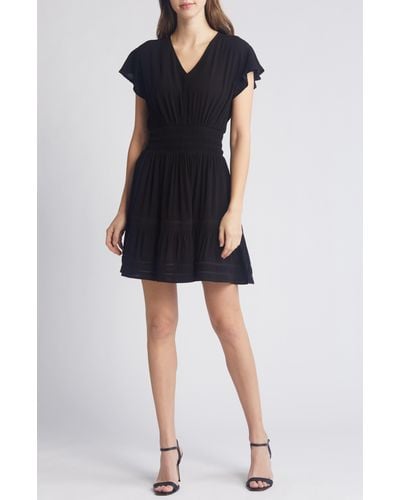 Rachel Parcell Shirred Waist Flutter Sleeve Minidress - Black
