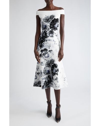 Alexander McQueen Chiaroscuro Floral Jacquard Off The Shoulder Knit Midi Dress - White