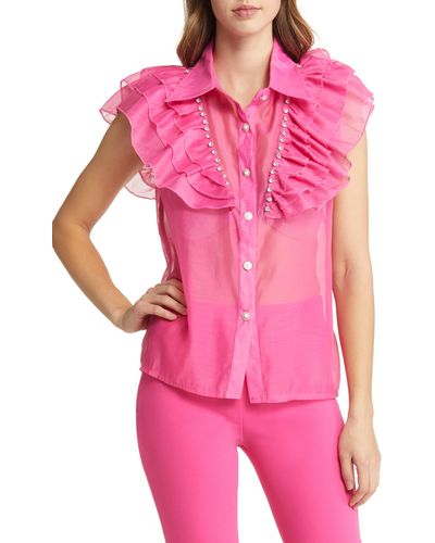 NIKKI LUND Holly Rhinestone Ruffle Button-up Blouse - Pink