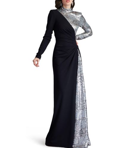 Tadashi Shoji Sequin Patchwork Mixed Media Long Sleeve Gown - Black