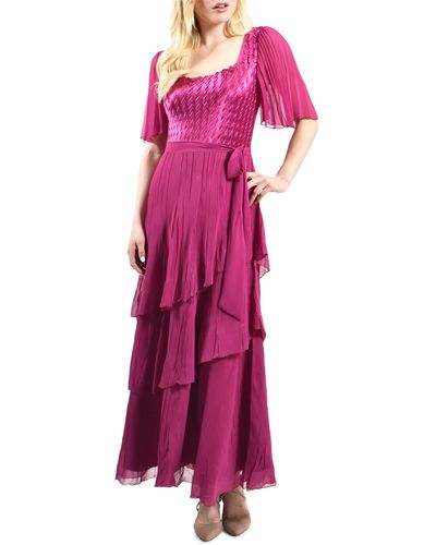 Komarov Flutter Sleeve Tiered Chiffon Maxi Dress - Pink