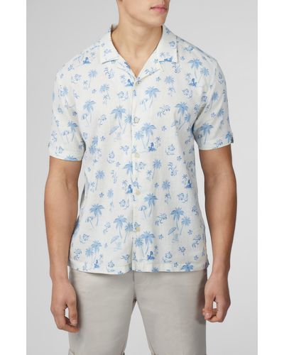 Ben Sherman Resort Tropical Print Linen & Cotton Camp Shirt - Blue
