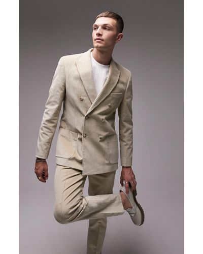 TOPMAN Double Breasted Skinny Corduroy Suit Jacket - Natural