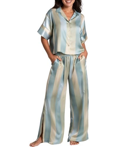 MIDNIGHT BAKERY Ombré Lane Stripe Short Sleeve Satin Pajamas - Blue