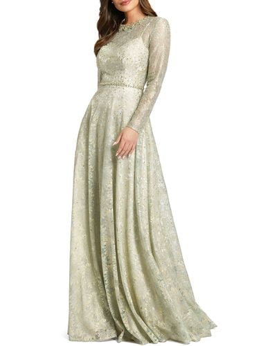Mac Duggal Embellished Floral Long Sleeve Lace Gown - White