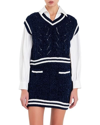 English Factory Stripe Trim Chenille Sweater Vest - Blue